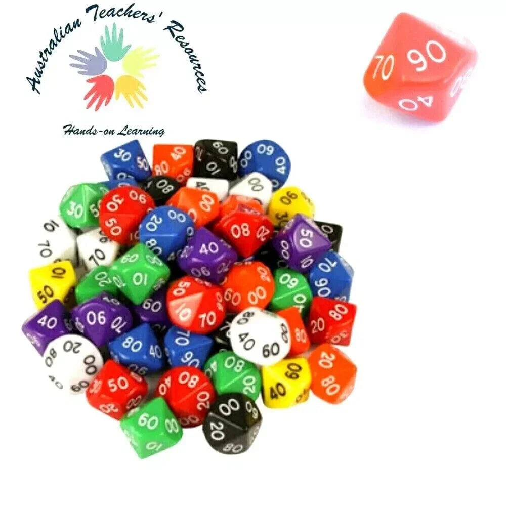 Set of 6 Dice : 10 Face 00-90 Teaching Resource Maths & Board Game Fun for Kids