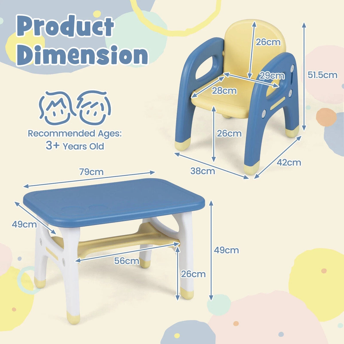 Kids Table and Chairs Set 3-PieceChild Activity Play Study Desk w/Storage Shelf