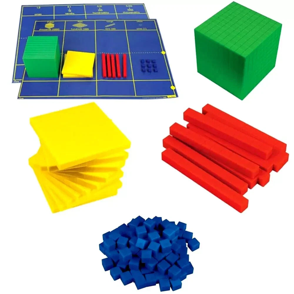 Plastic MAB Blocks 1000 Cube, 10 Hundreds, 10 Tens 100 Ones PLUS Place Value Mat