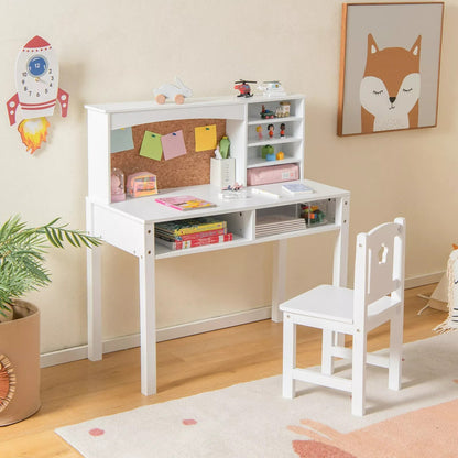Kids Table and Chair Set Students Study Writing Desk w/Bulletin Board Bookshelf