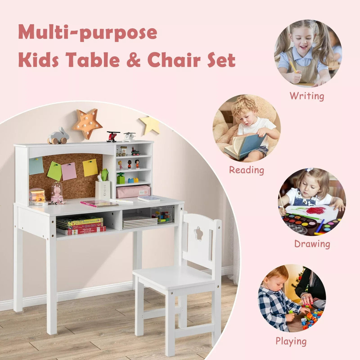 Kids Table and Chair Set Students Study Writing Desk w/Bulletin Board Bookshelf