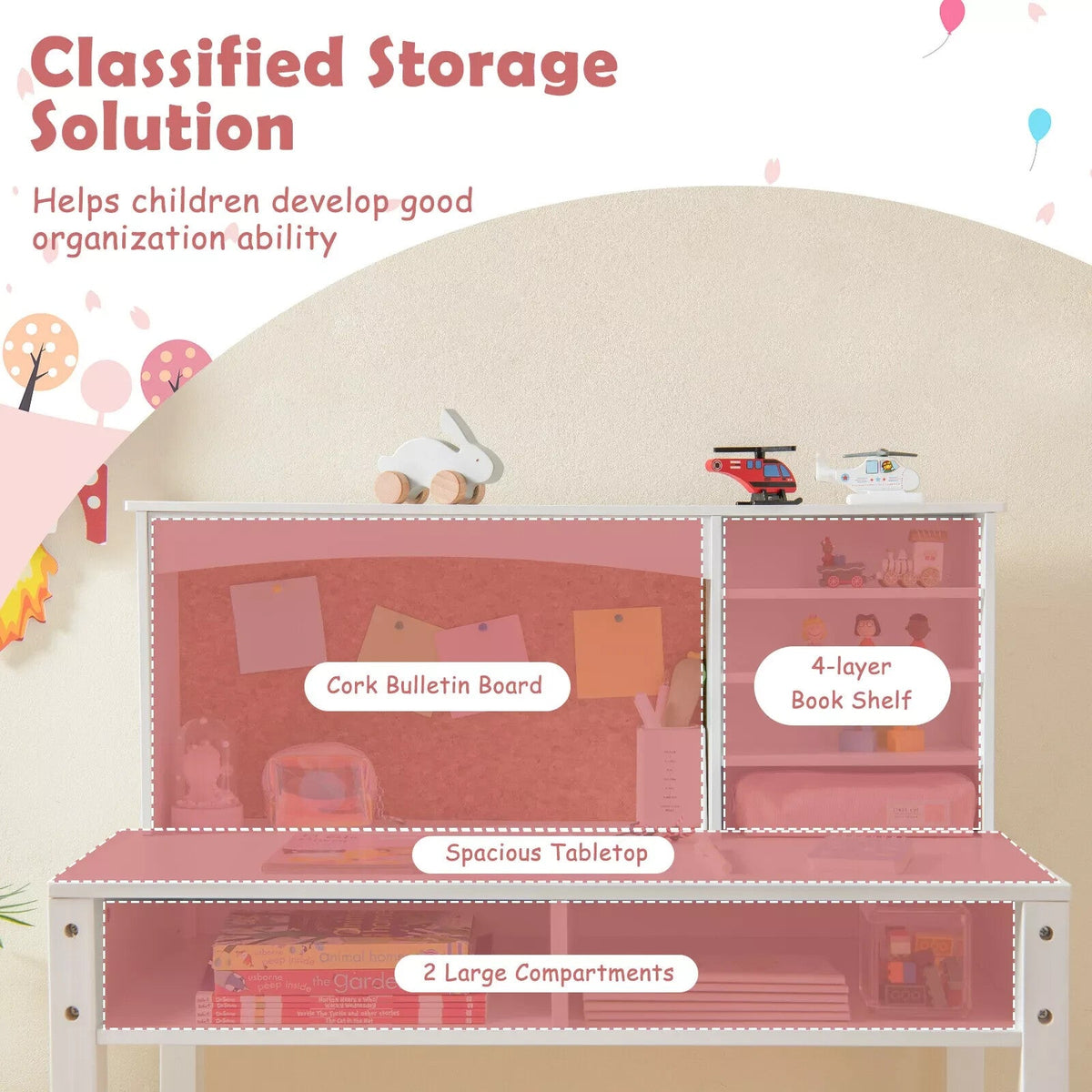 Kids Table and Chair Set Students Study Writing Desk w/Bulletin Board Bookshelf