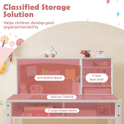 Kids Table and Chair Set Students Study Writing Desk w/Bulletin Board Bookshelf