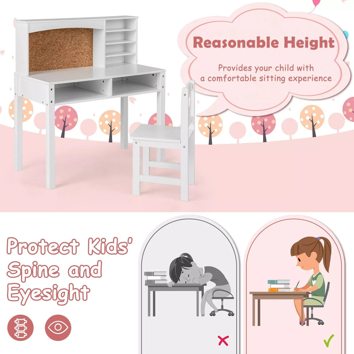 Kids Table and Chair Set Students Study Writing Desk w/Bulletin Board Bookshelf