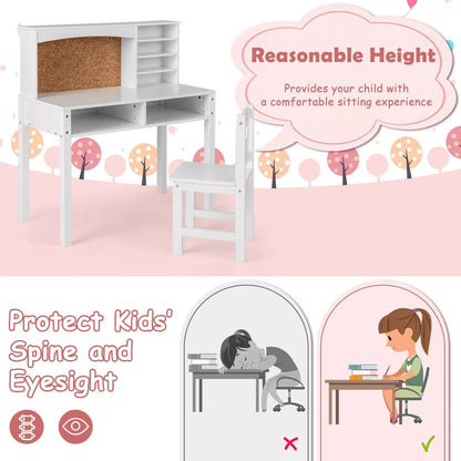 Kids Table and Chair Set Students Study Writing Desk w/Bulletin Board Bookshelf