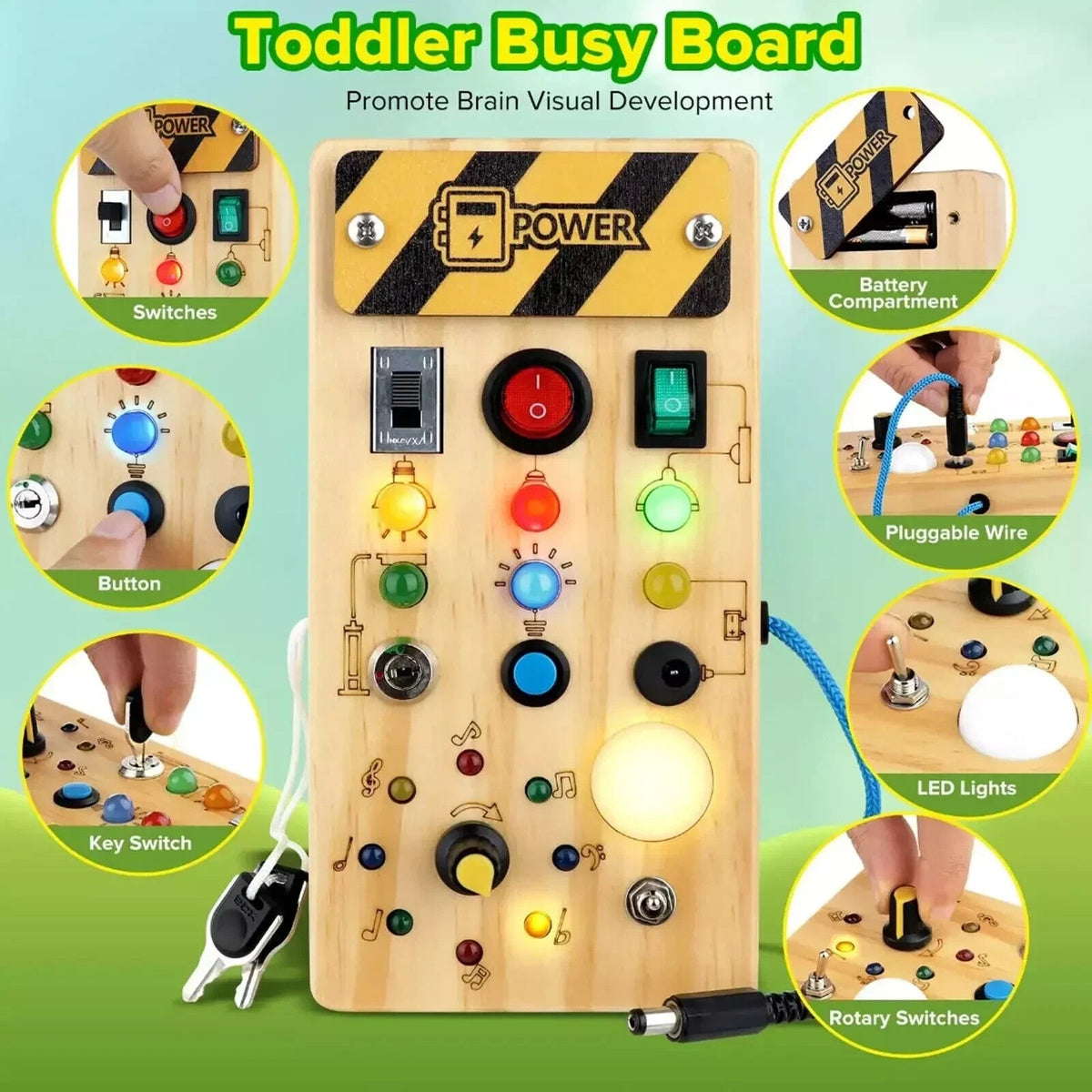 Montessori Busy Board w/ LED Light Switch Wooden Board Sensory Toys for Toddlers