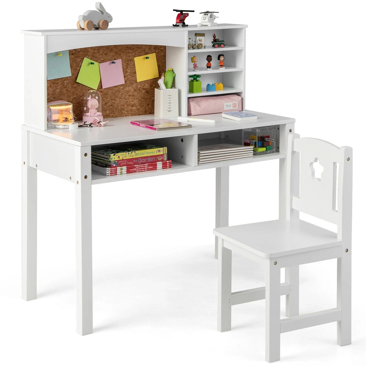 Kids Table and Chair Set Students Study Writing Desk w/Bulletin Board Bookshelf