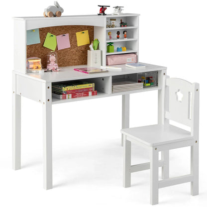 Kids Table and Chair Set Students Study Writing Desk w/Bulletin Board Bookshelf