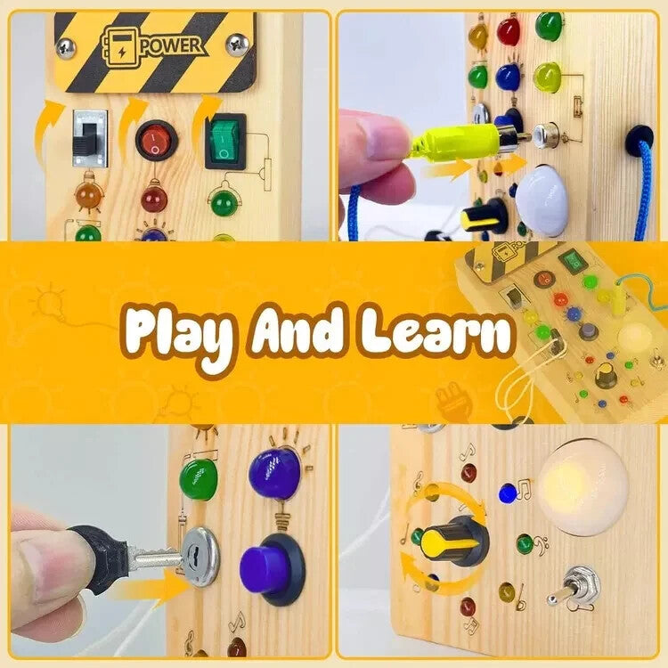 Montessori Busy Board w/ LED Light Switch Wooden Board Sensory Toys for Toddlers