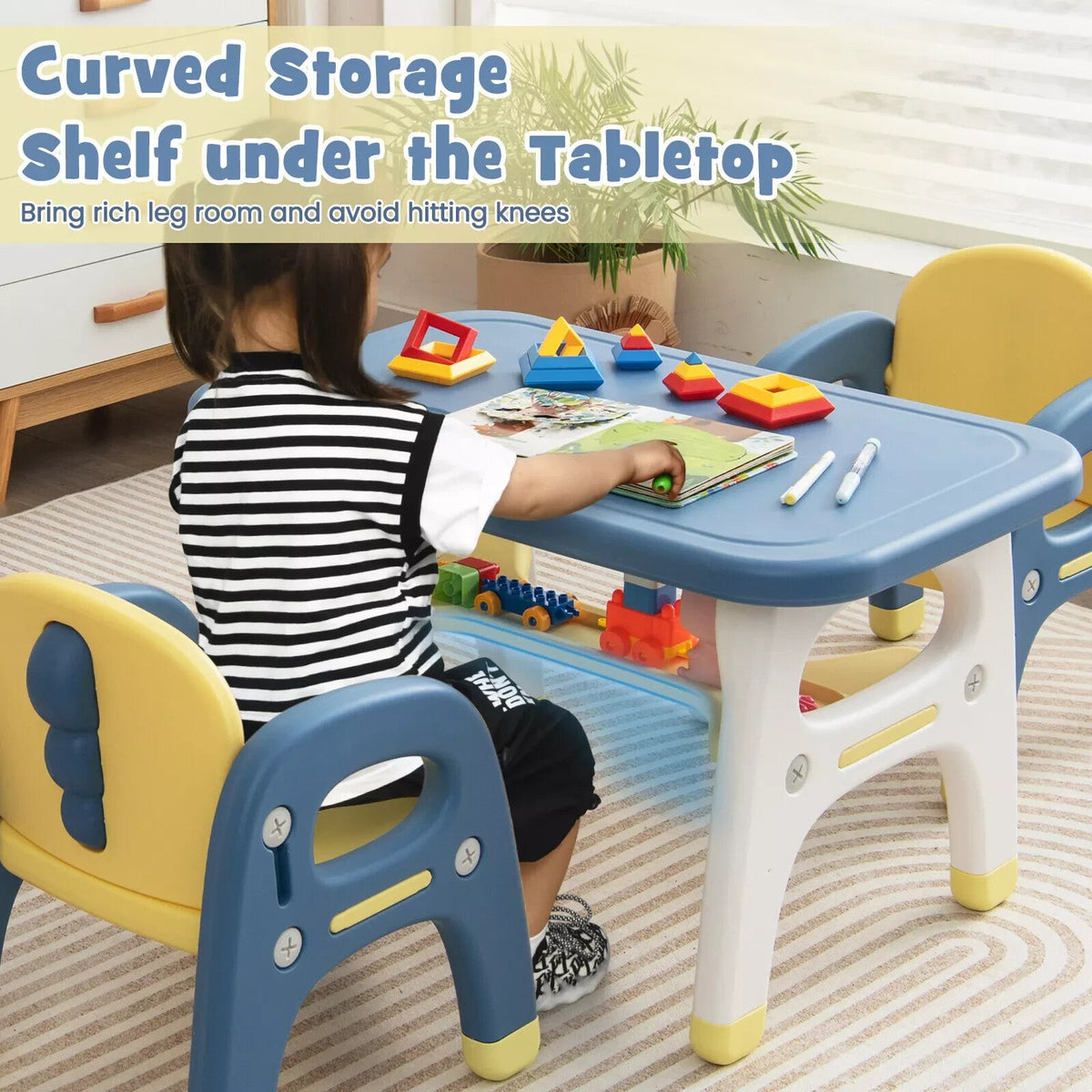 Kids Table and Chairs Set 3-PieceChild Activity Play Study Desk w/Storage Shelf